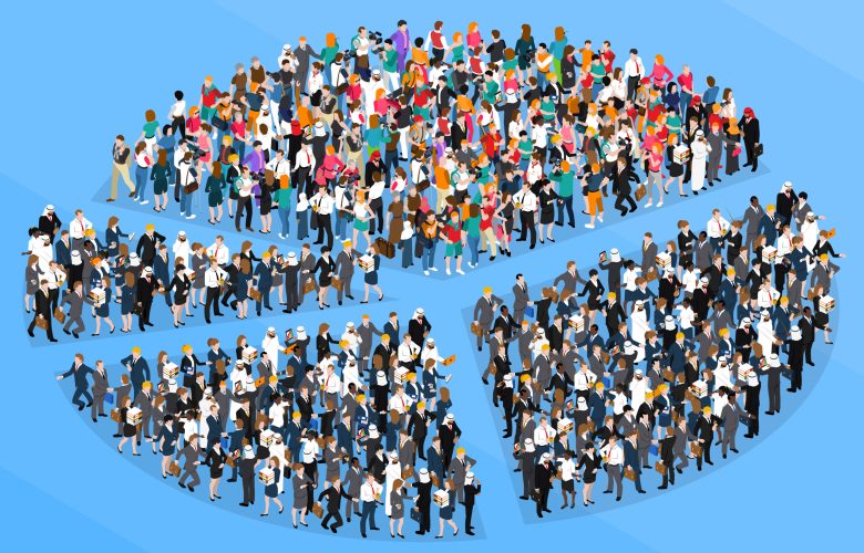 Colored crowd people isometric pie chart composition with people who organized flash mob vector illustration