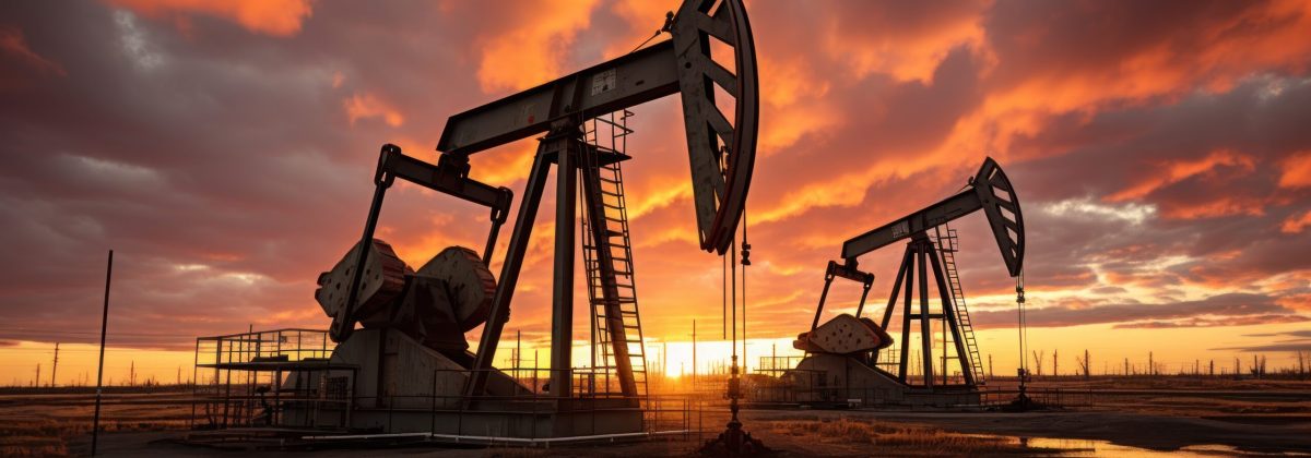 Oil pumps work rhythmically against the backdrop of  dusky sky.